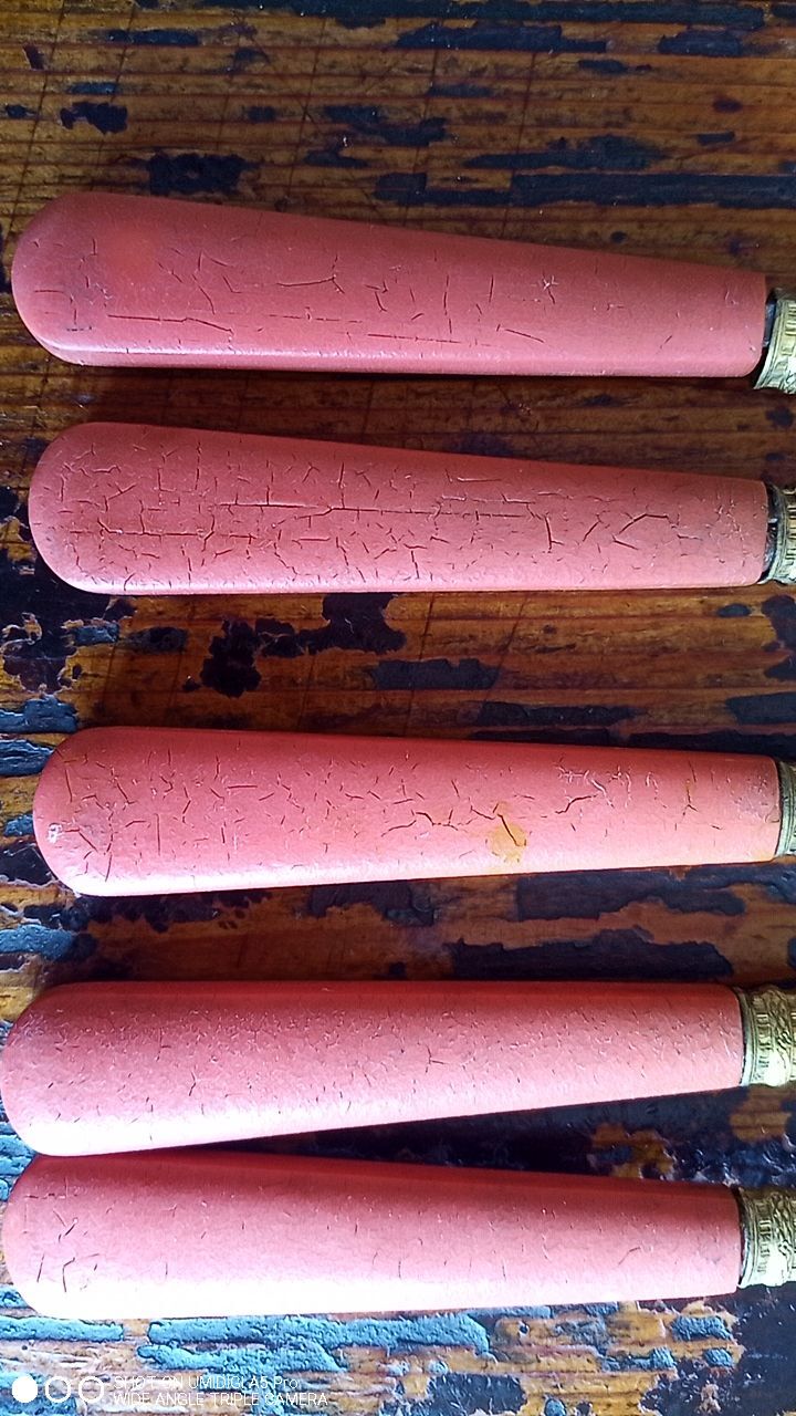 9 brass cake forks - vintage Bakelite handle