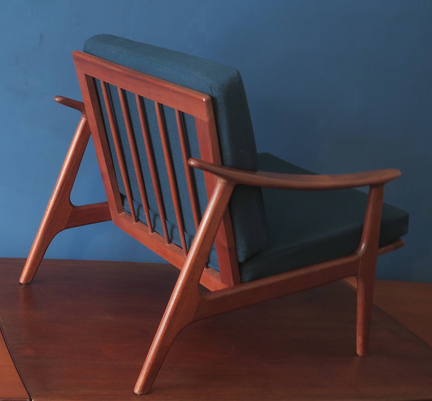 Danish teak lounge chair with blue-green cushions, 1960s