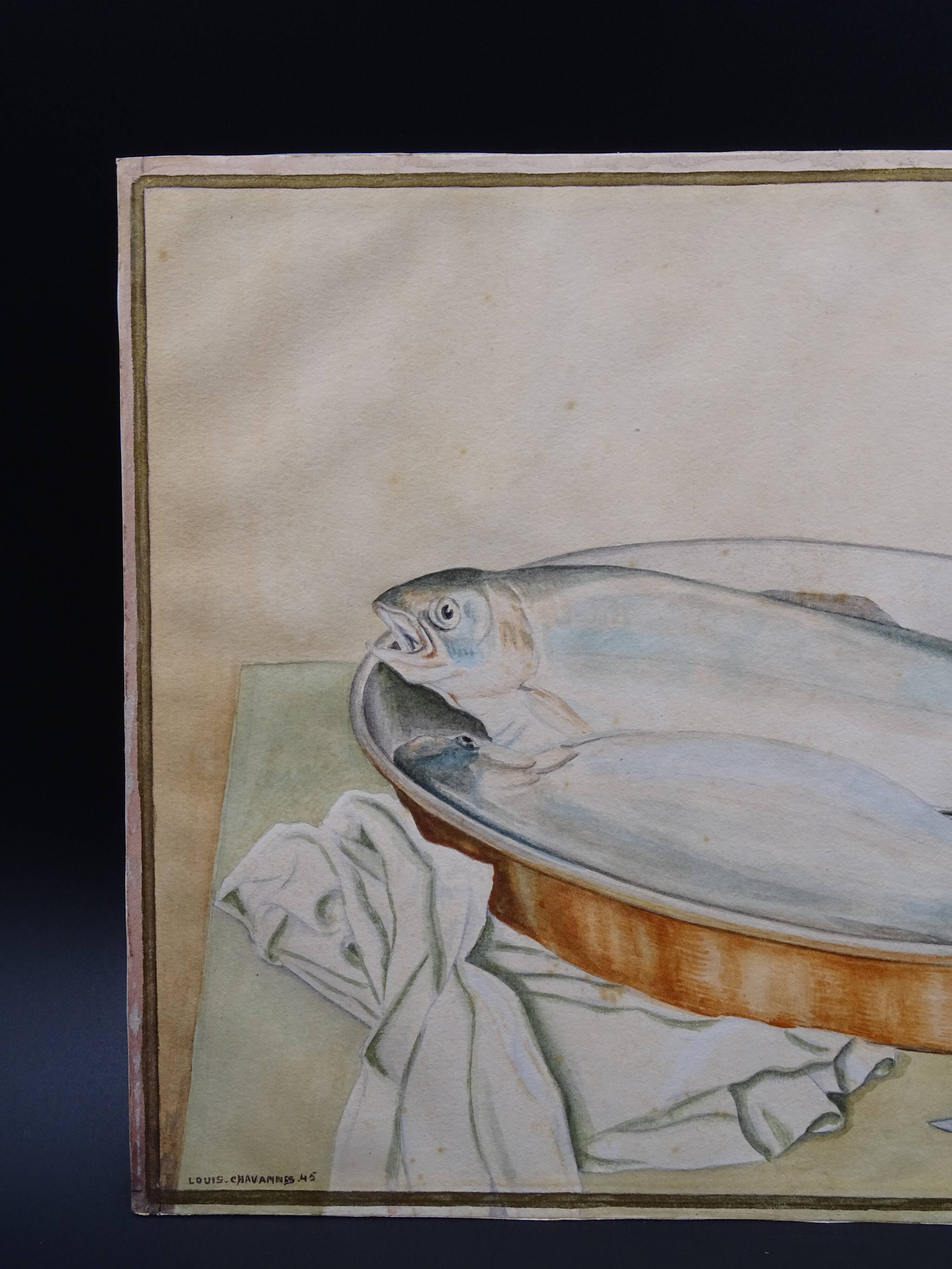 Still life with Pisces, lemon and knife by Louis Chavannes - Watercolor dated 1945