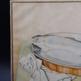 Still life with Pisces, lemon and knife by Louis Chavannes - Watercolor dated 1945