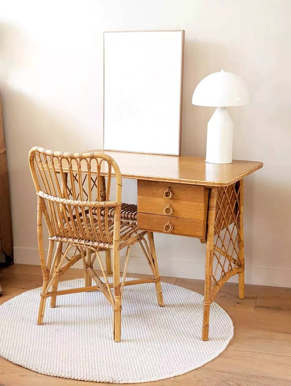 Vintage wood and rattan desk by L. Sognot