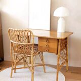 Vintage wood and rattan desk by L. Sognot