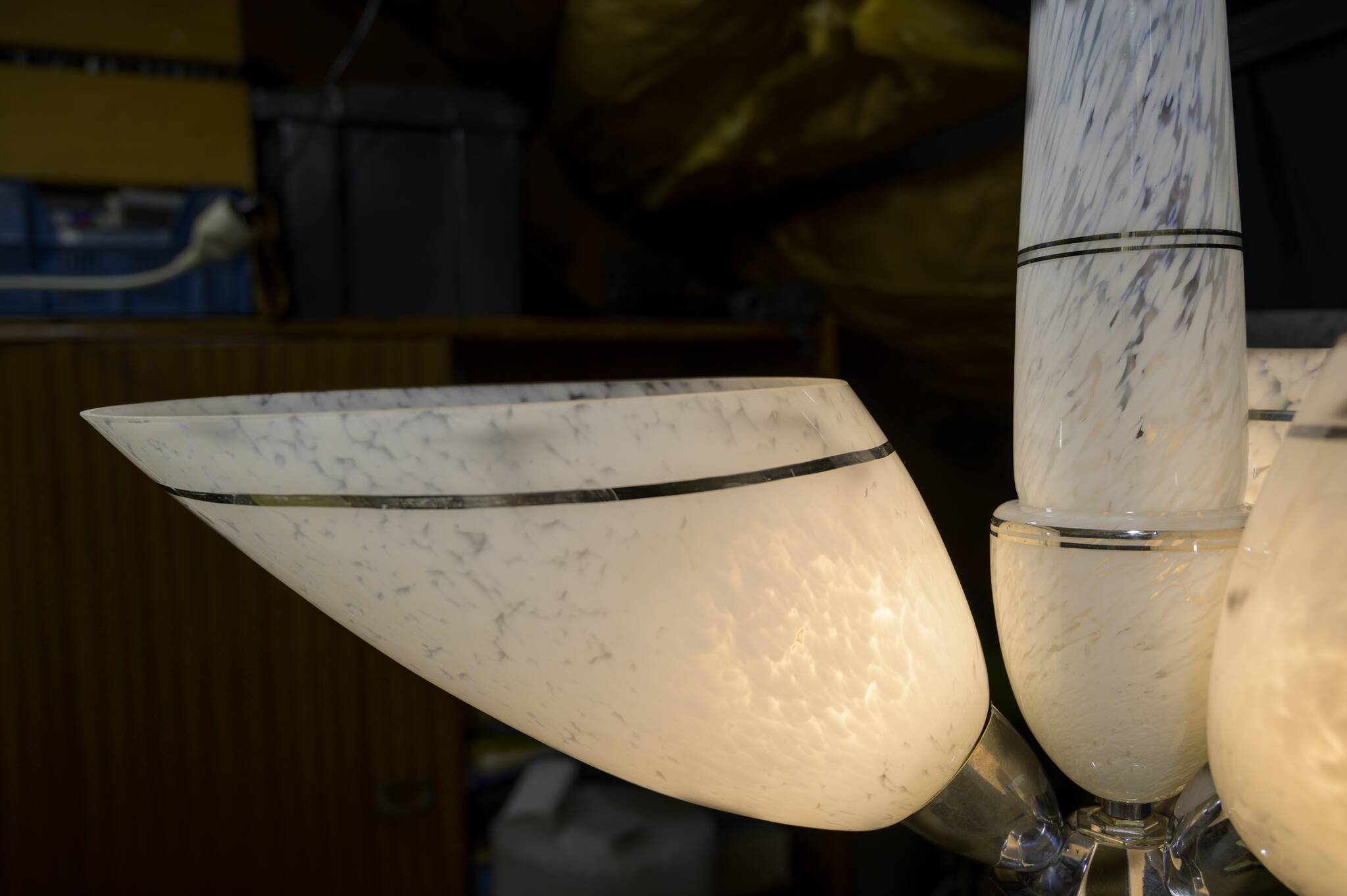 Art Deco chandelier/suspension with 3 domes in mixed glass and chrome metal