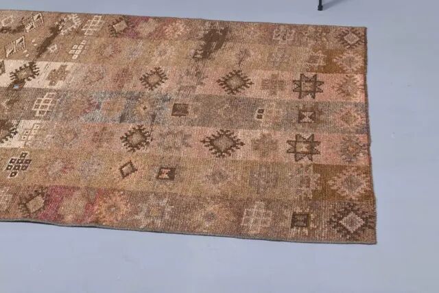 Vintage Turkish Hand-Knotted Wool Cotton Brown Runner 94x203