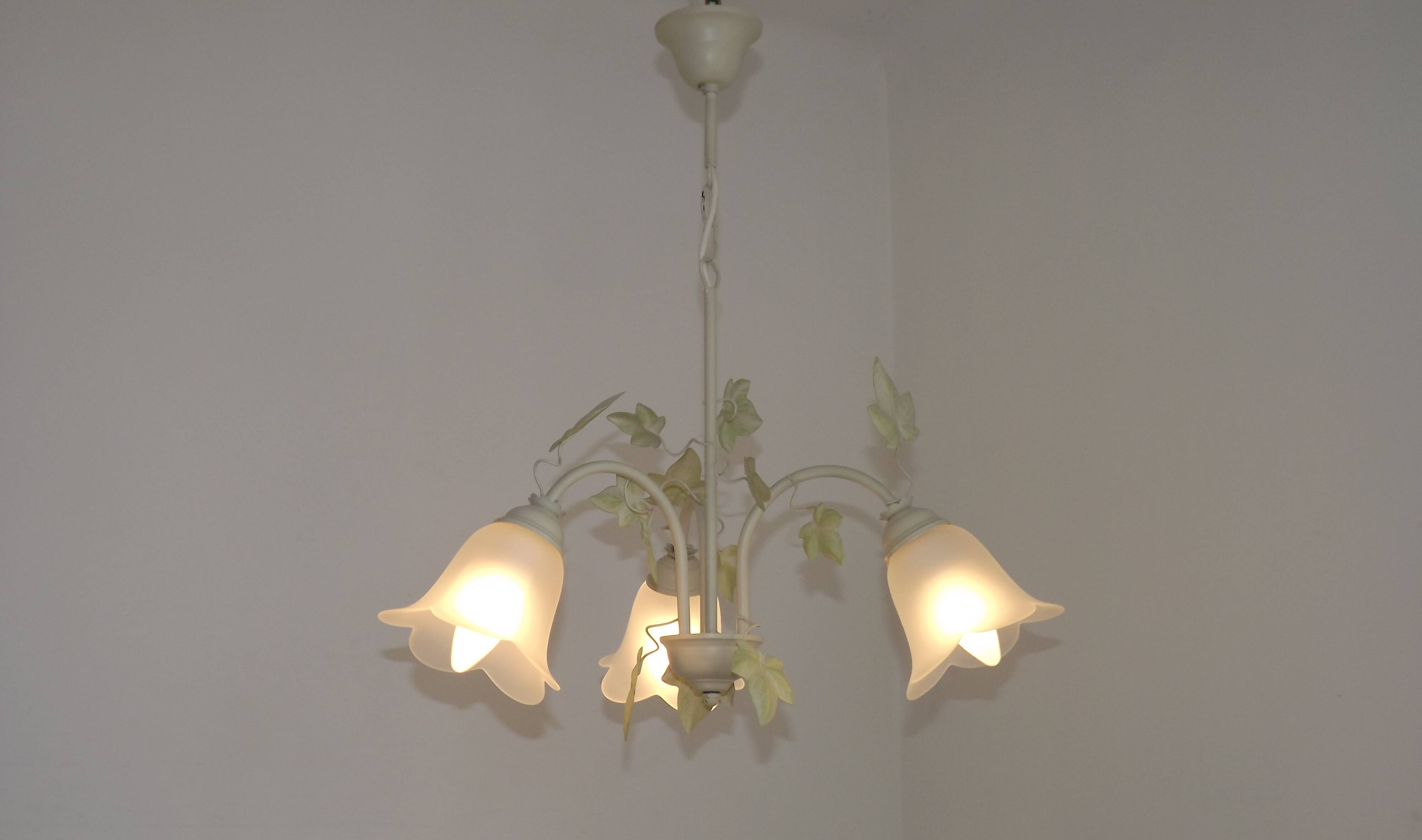 French Vintage 3 Light Green Ivy Chandelier with Opaque Glass Shades