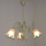 French Vintage 3 Light Green Ivy Chandelier with Opaque Glass Shades