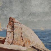 Rab Island, oil on hardboard by Bogoslav Vojinović Pelikan 1926