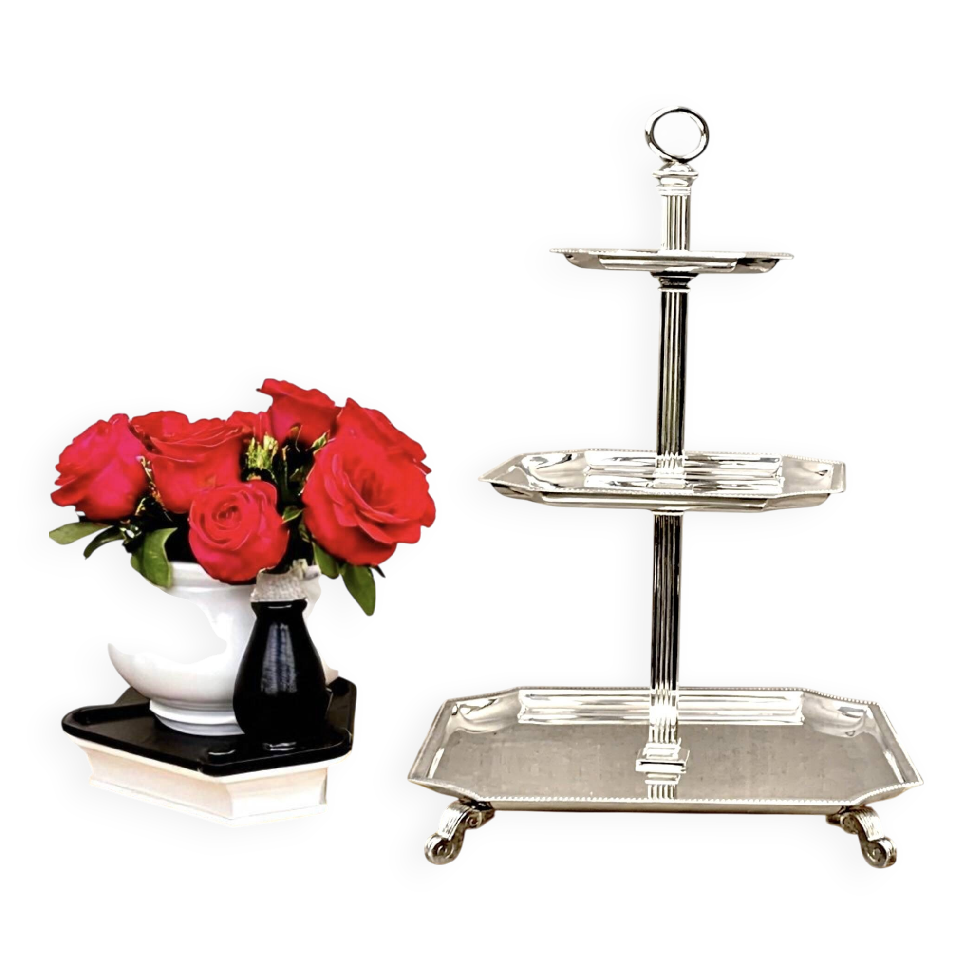 Serviteur muet à trois étages en métal argenté – élégance des années 1950