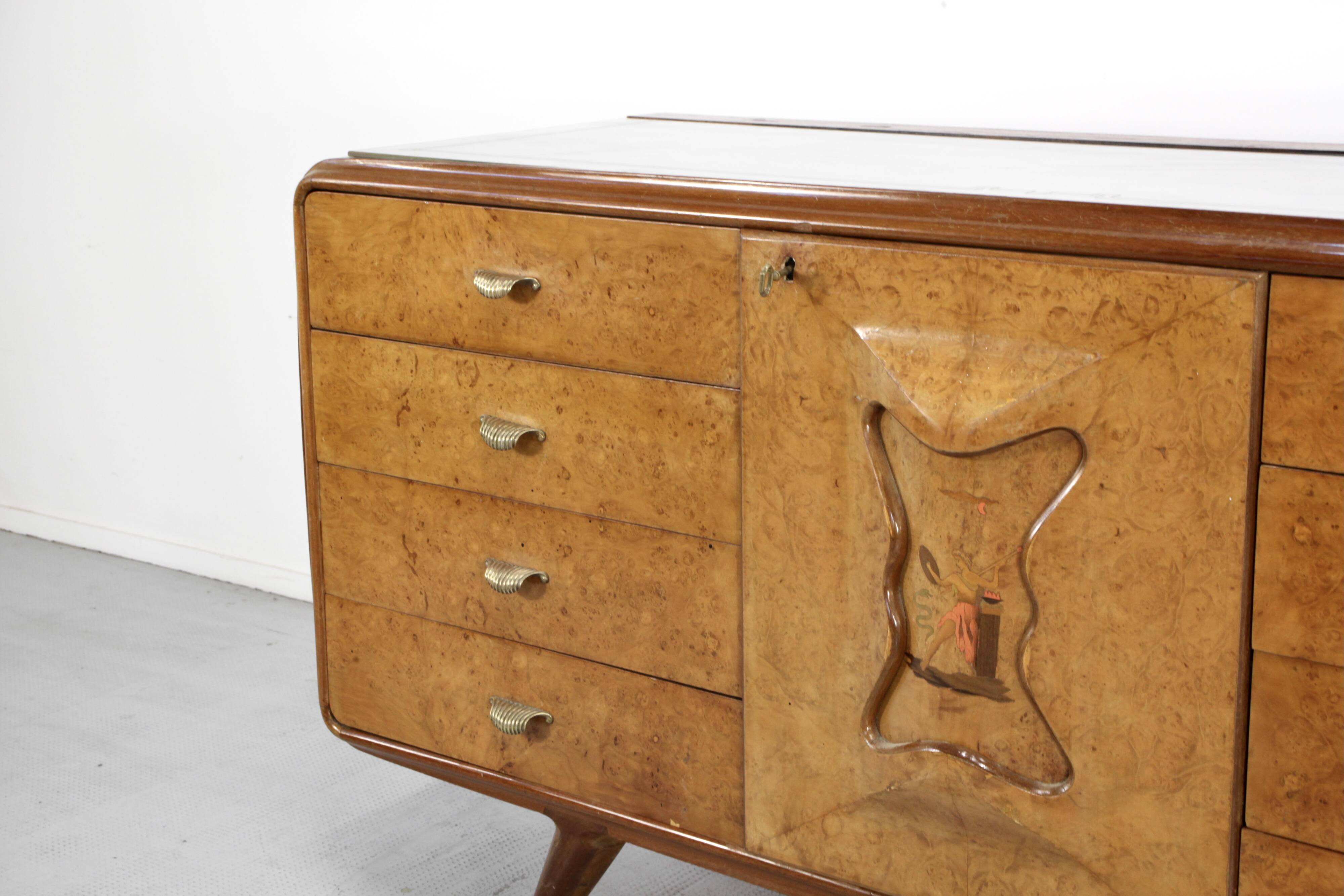 Italian Art Deco Sideboard In Walnut Burl And Brass.