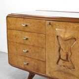 Italian Art Deco Sideboard In Walnut Burl And Brass.