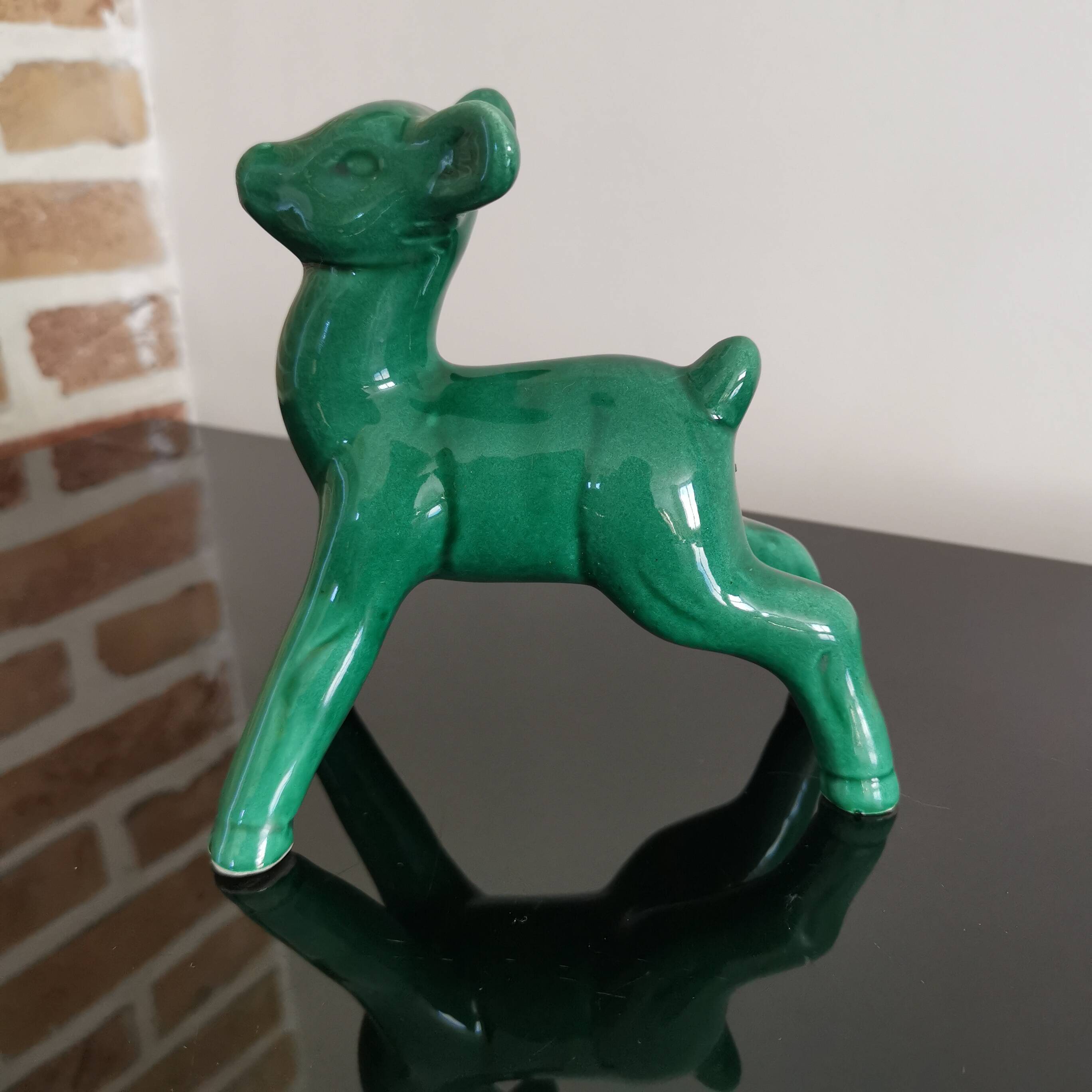 Vintage art deco green earthenware doe from the 60s