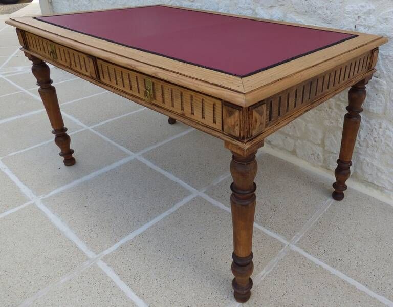 Antique desk with 2 drawers and burgundy faux leather top - Very good condition -