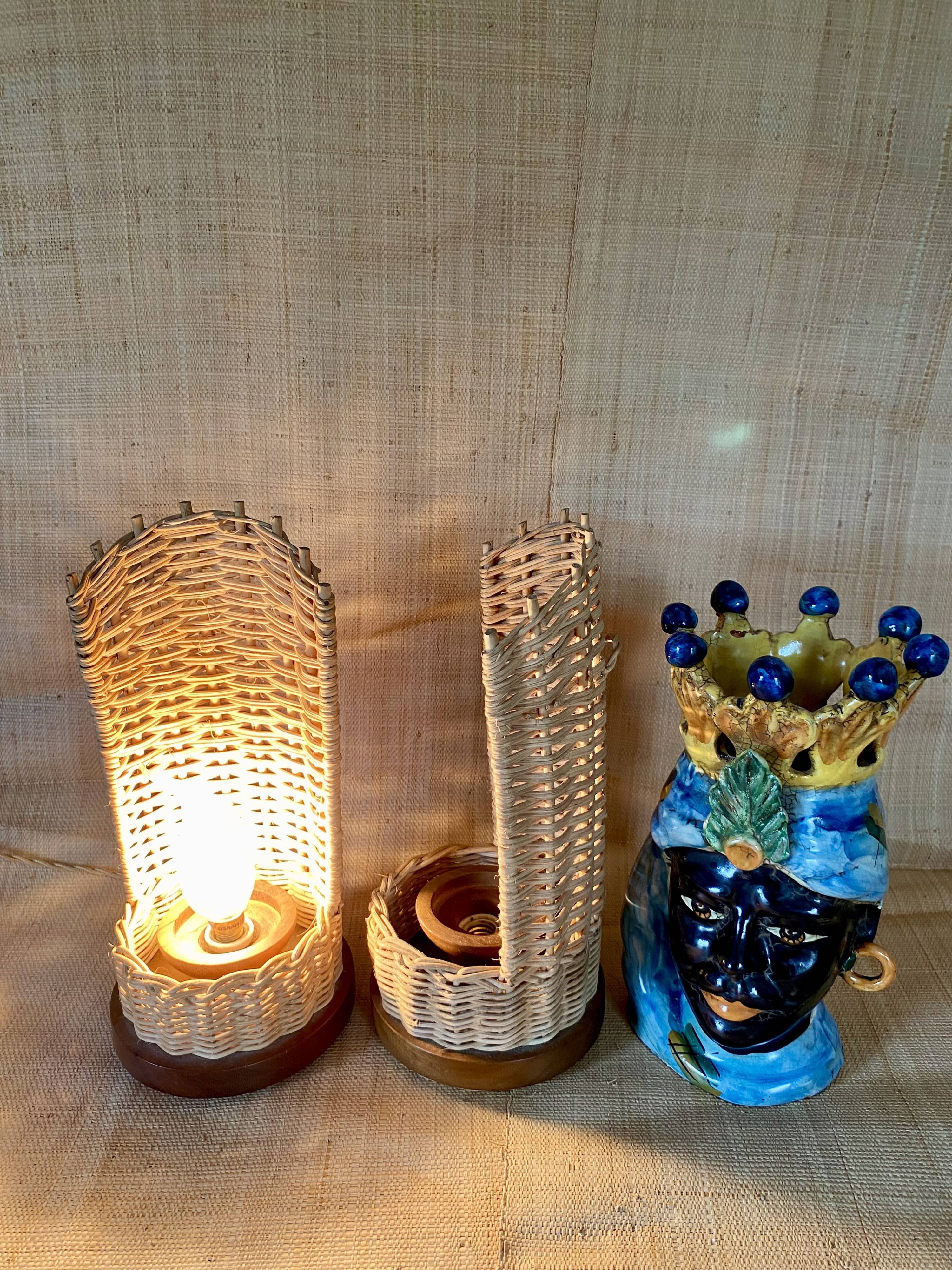 Duo de lampes rotin, câbles tissu neuf 2x2M