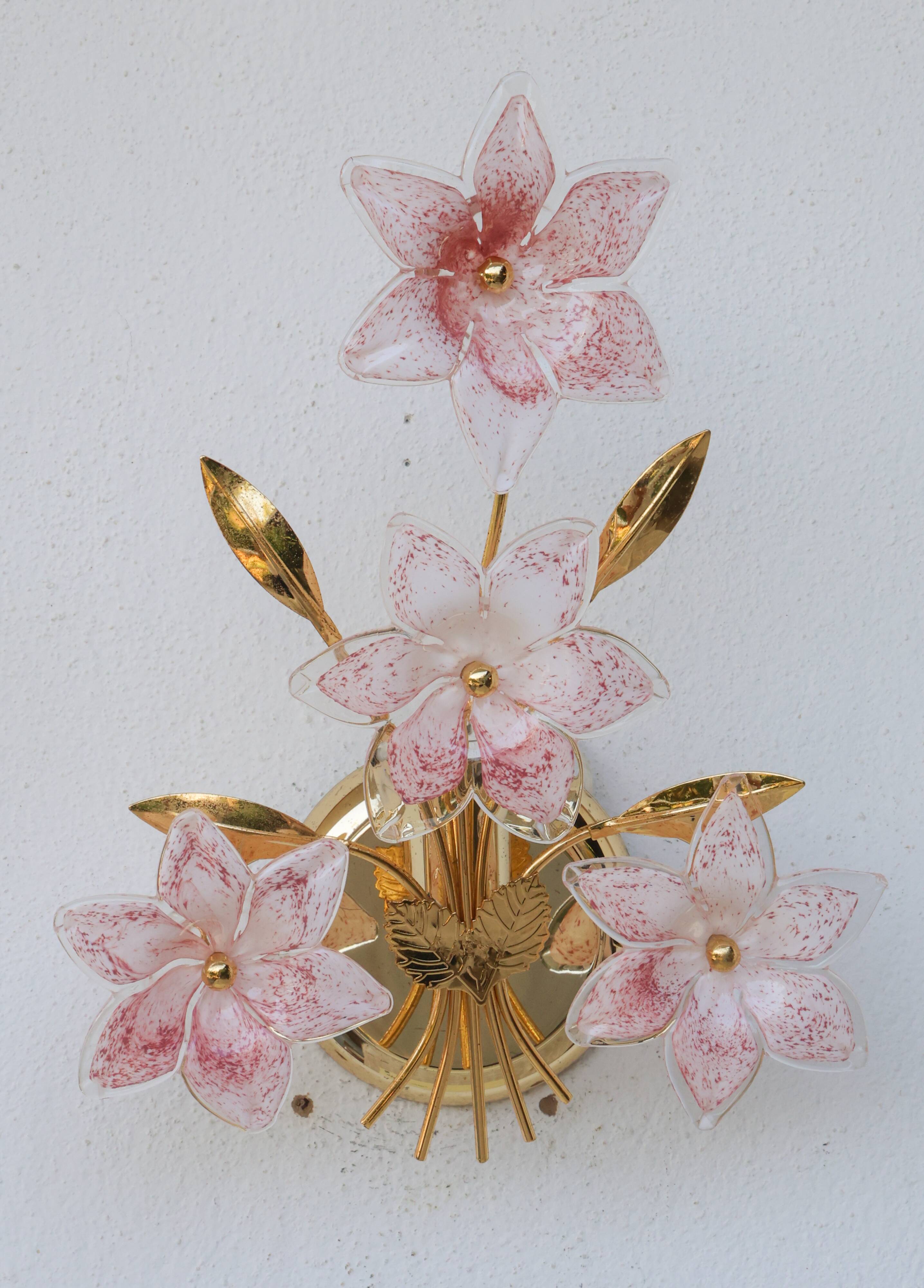 Ensemble de 2 appliques Murano fleurs roses, années 1970