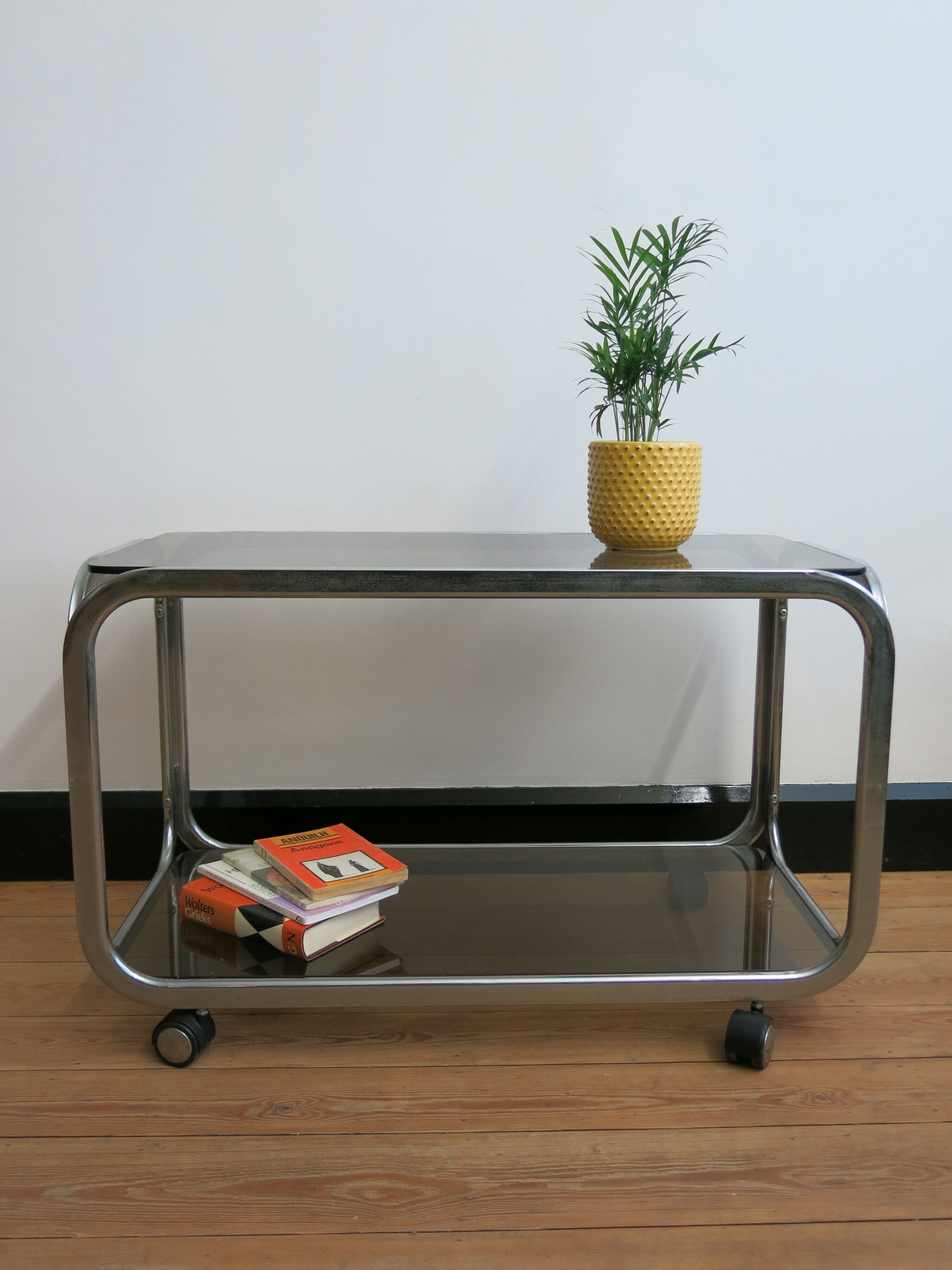 Space Age coffee table in smoked glass and chrome steel, 1970s