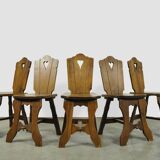 Vintage brutalist oak handmade farmhouse dining chairs, 1930s