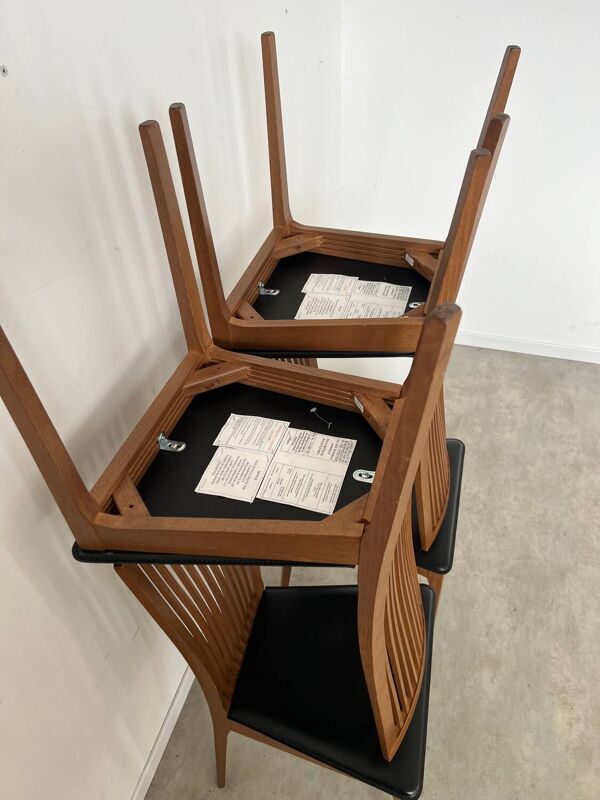Lot 4 chaises dossier haut bois et simili cuir design italien Calligaris
