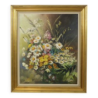 Bouquet de fleurs Nature morte Peinture à l'huile sur toile Encadrée Signée