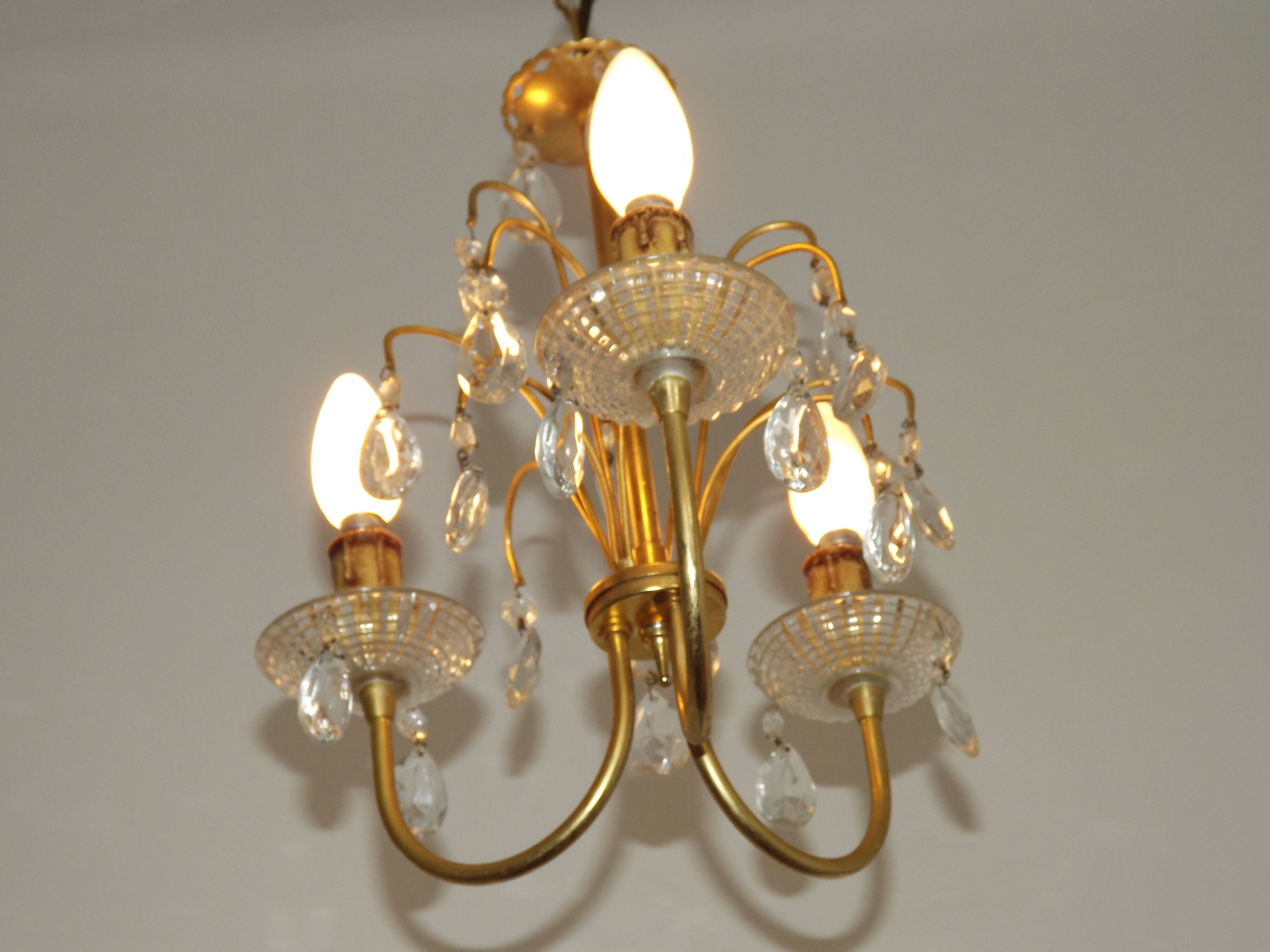 French Vintage Gold Effect Metal-Crystal 3 Light Chandelier Glass Bobeches