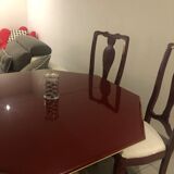 Octagonal table burgundy lacquer and brass and 4 chairs