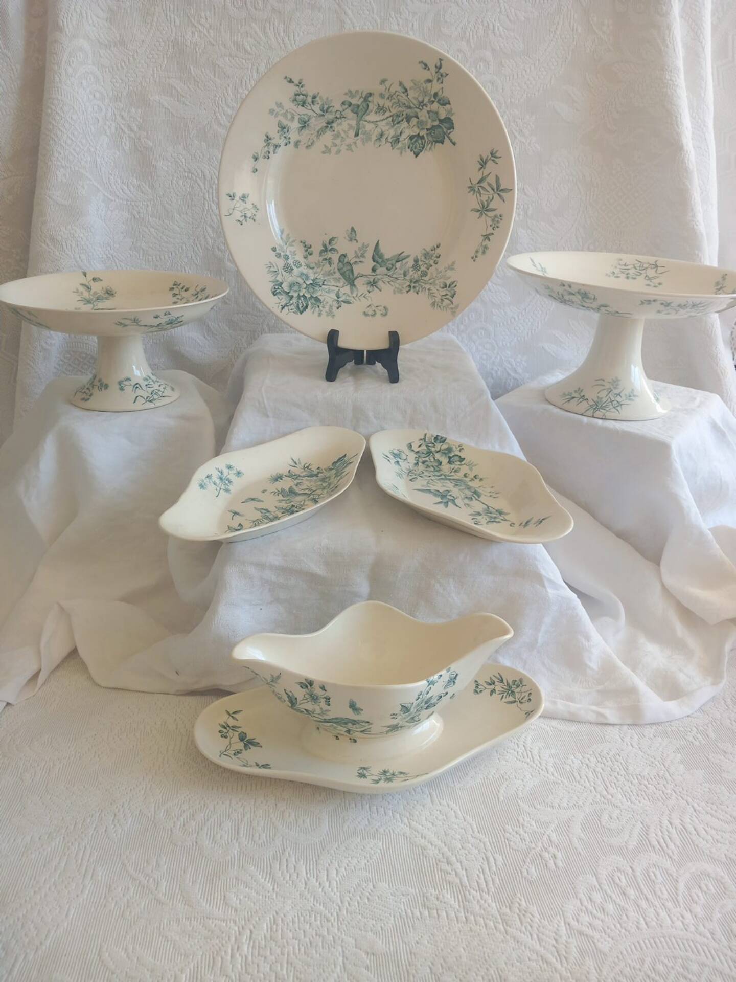 Antique 19th Century French Longwy Mignon Ironstone Dinner Service – Blue Green