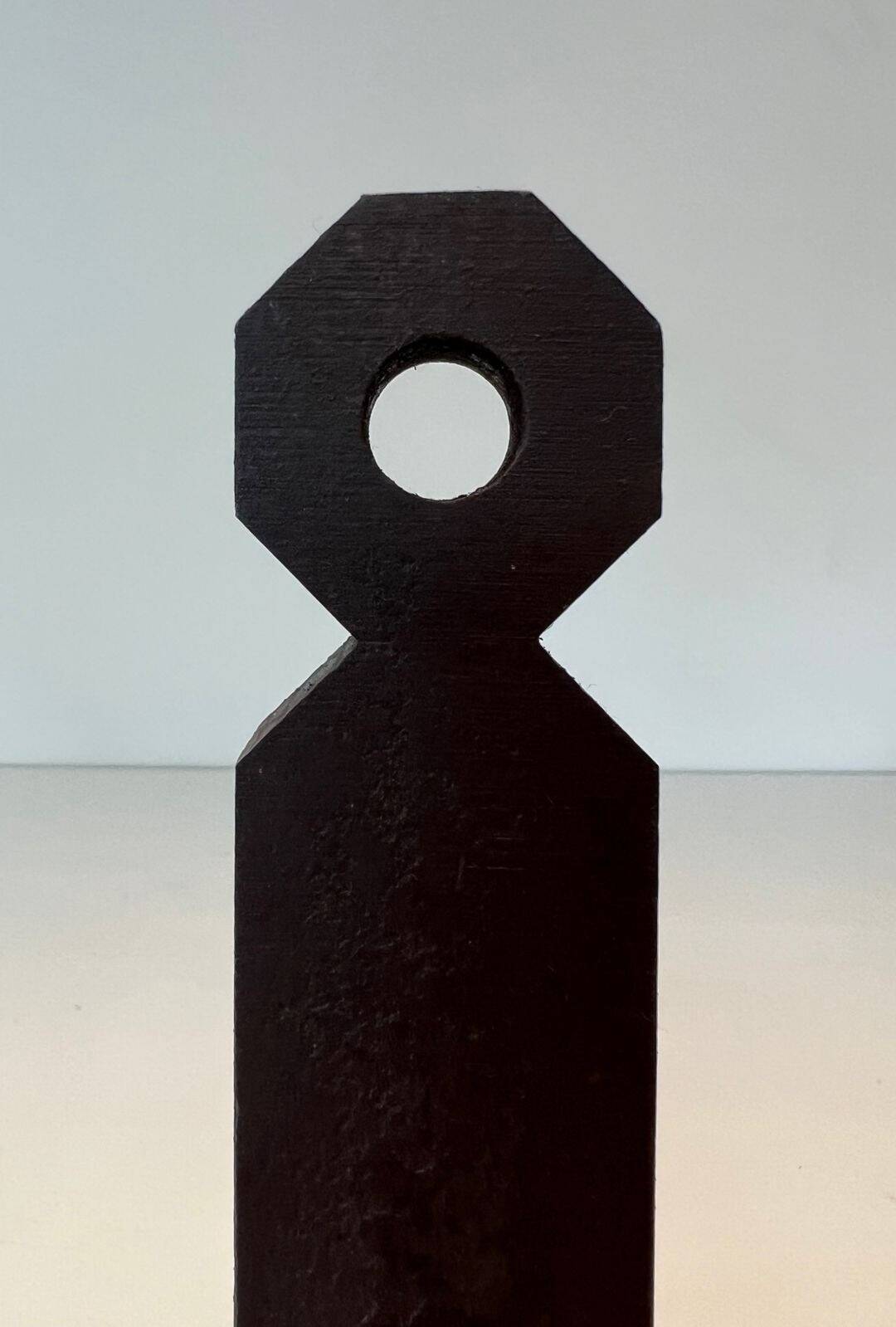 Pair of Minimalist Modernist Wrought Iron Chenets with Torch Holders in Nut Design