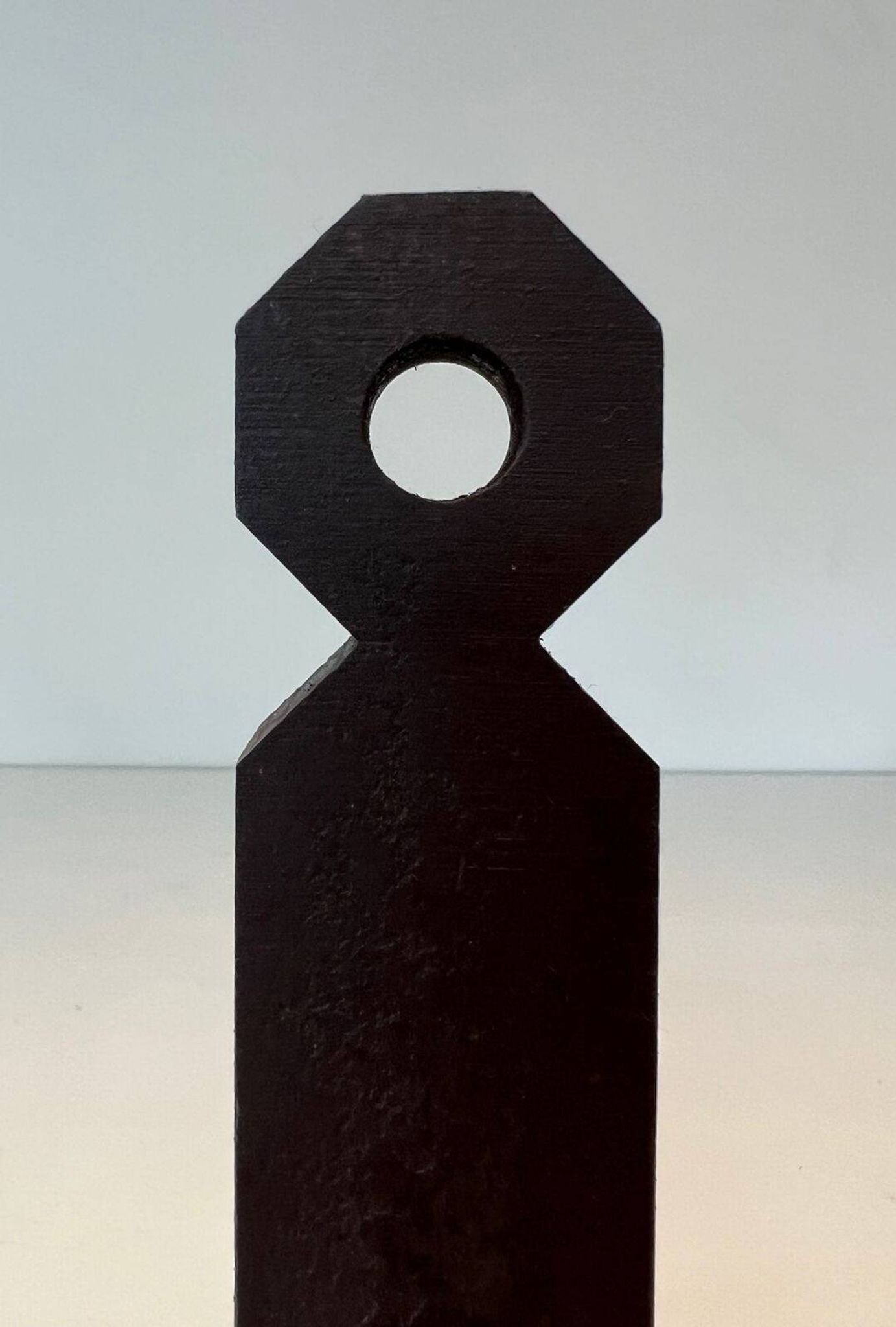 Pair of Minimalist Modernist Wrought Iron Chenets with Torch Holders in Nut Design