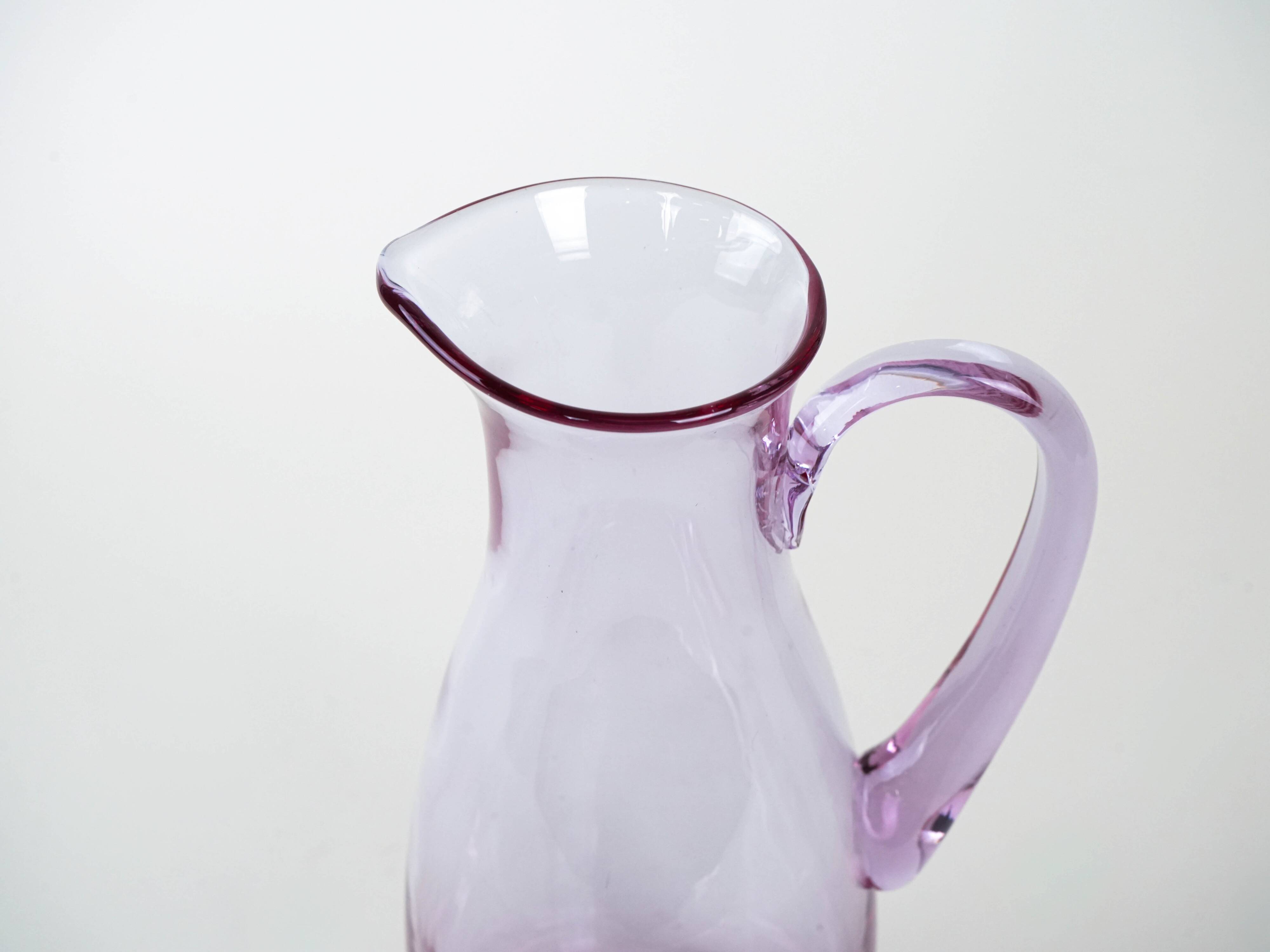 Pink glass jug, Italian design, 1970s, made in Italy