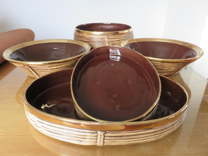 Ceramic basket with rattan and brass in the 70s
