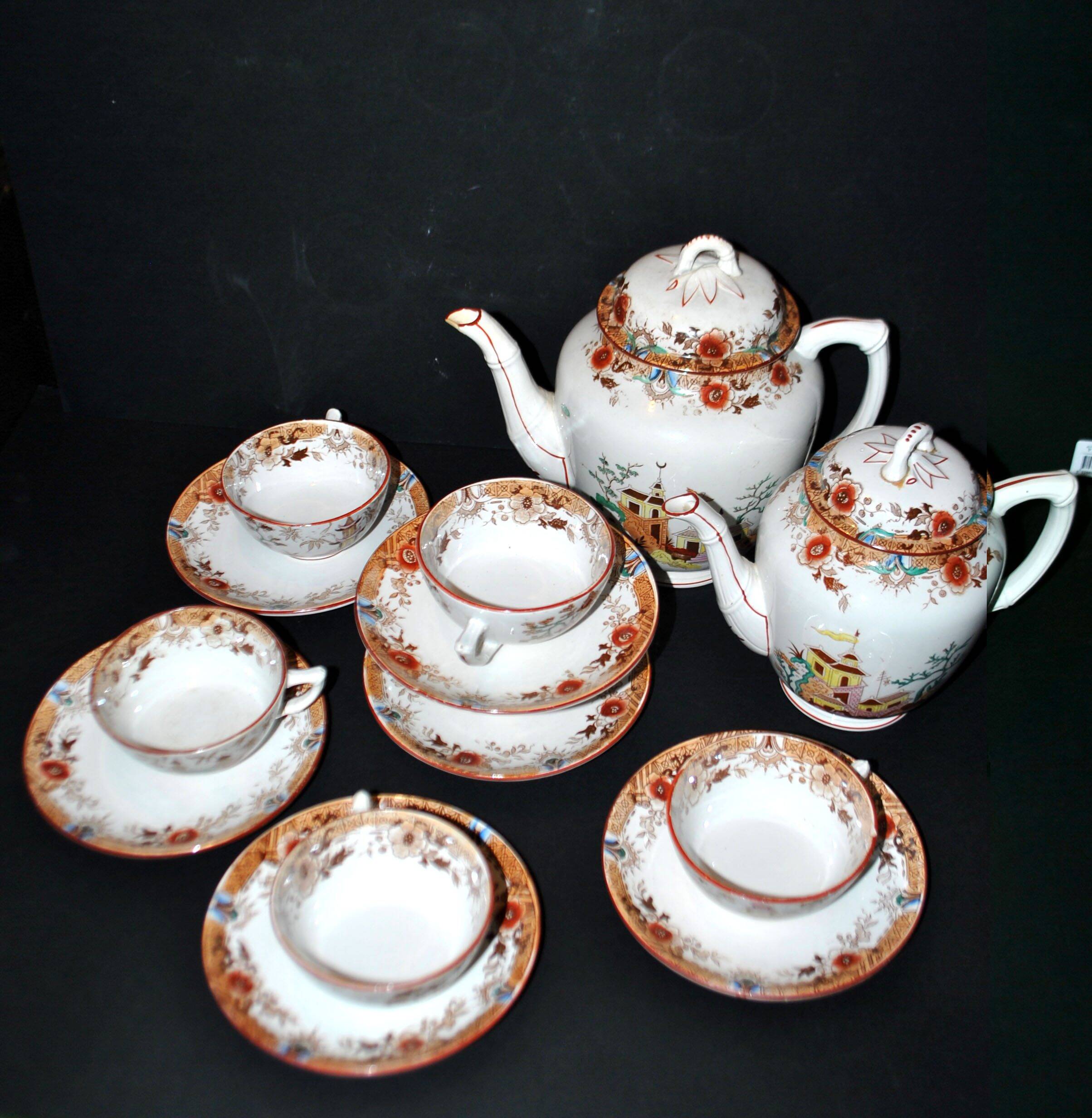 Sarreguemines coffee set 6 cups + 2 earthenware coffee pots with Chinese bamboo decor