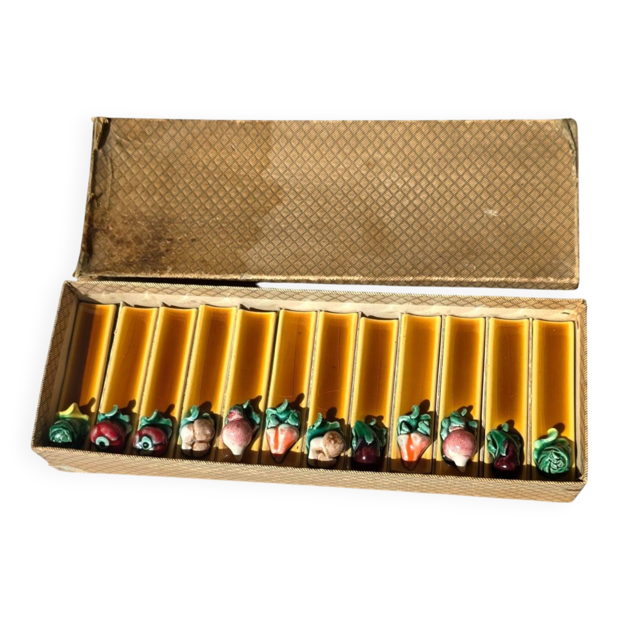 Set of twelve Vallauris majolica vegetable knife holders, 1950