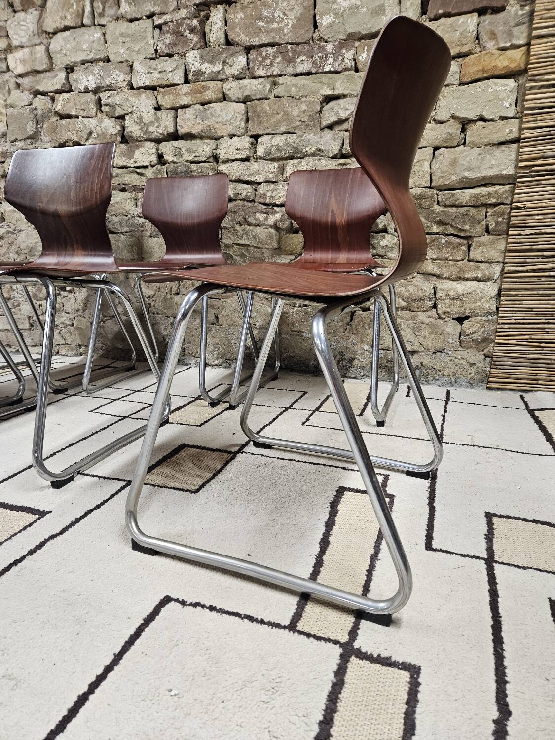 Set of 6 Flötotto pagwood stackable chairs 1960