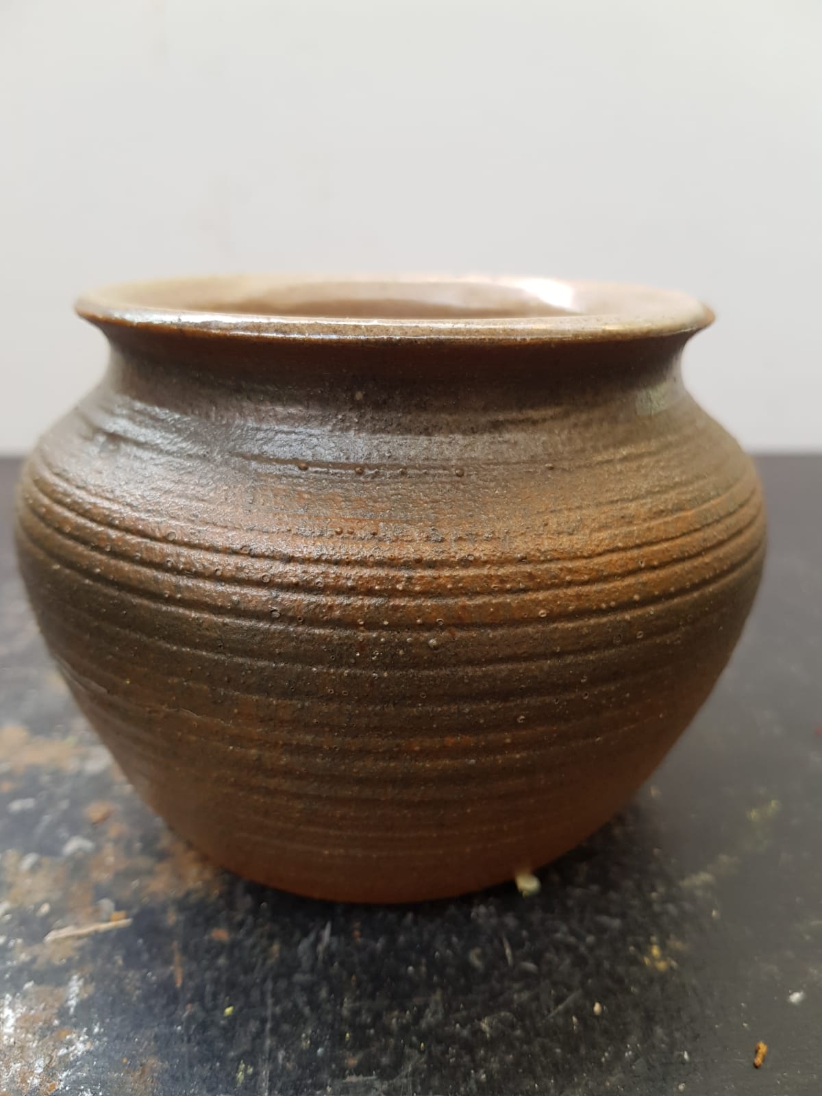 Old Vase SOULAINES DHUYS.  Signed ROYER.  Vase in Enamelled Sandstone.  Color Brown Beige Diameter at