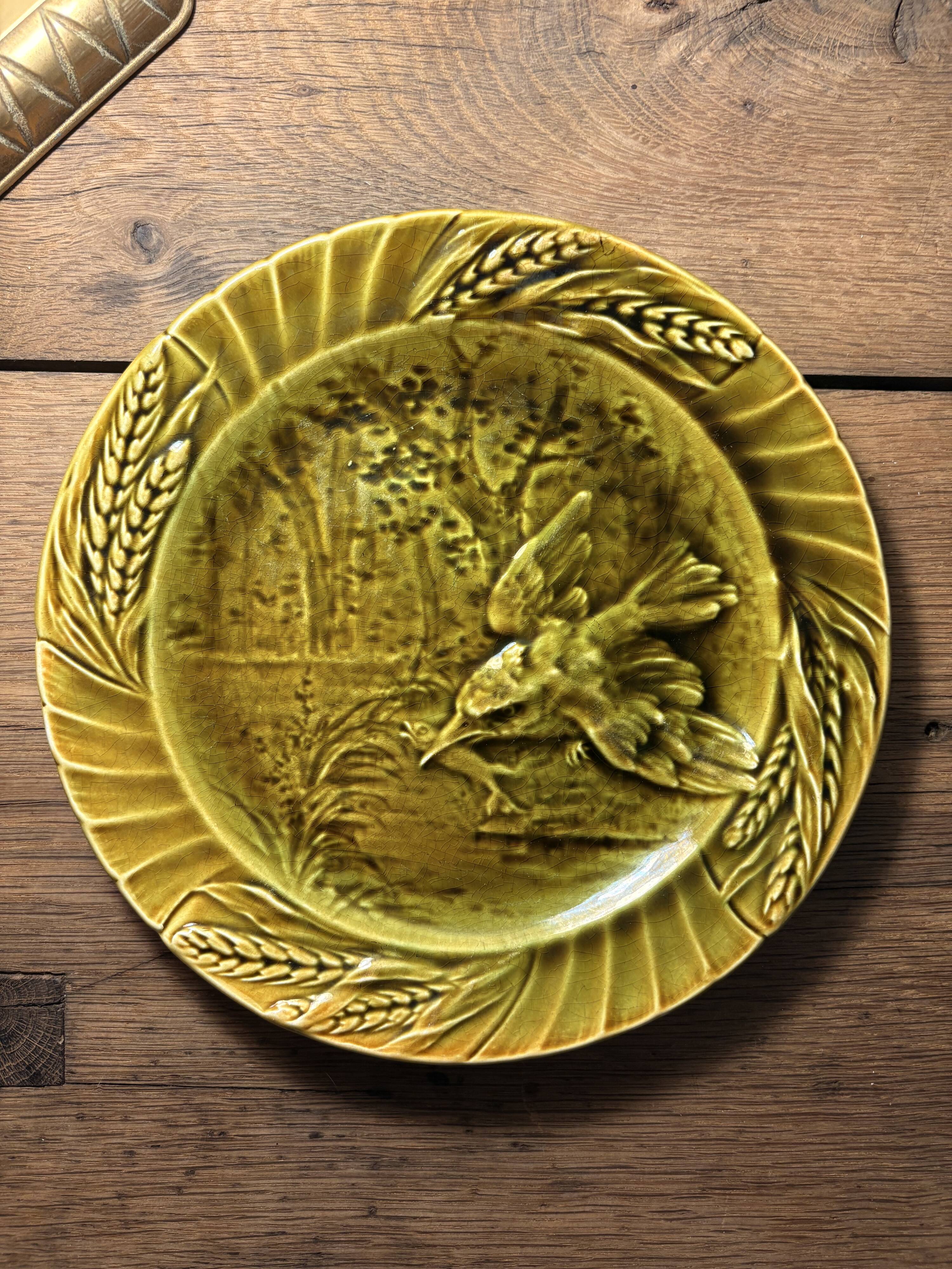 Antique molded earthenware plate – bird and wheat wheat decoration – barbotine style