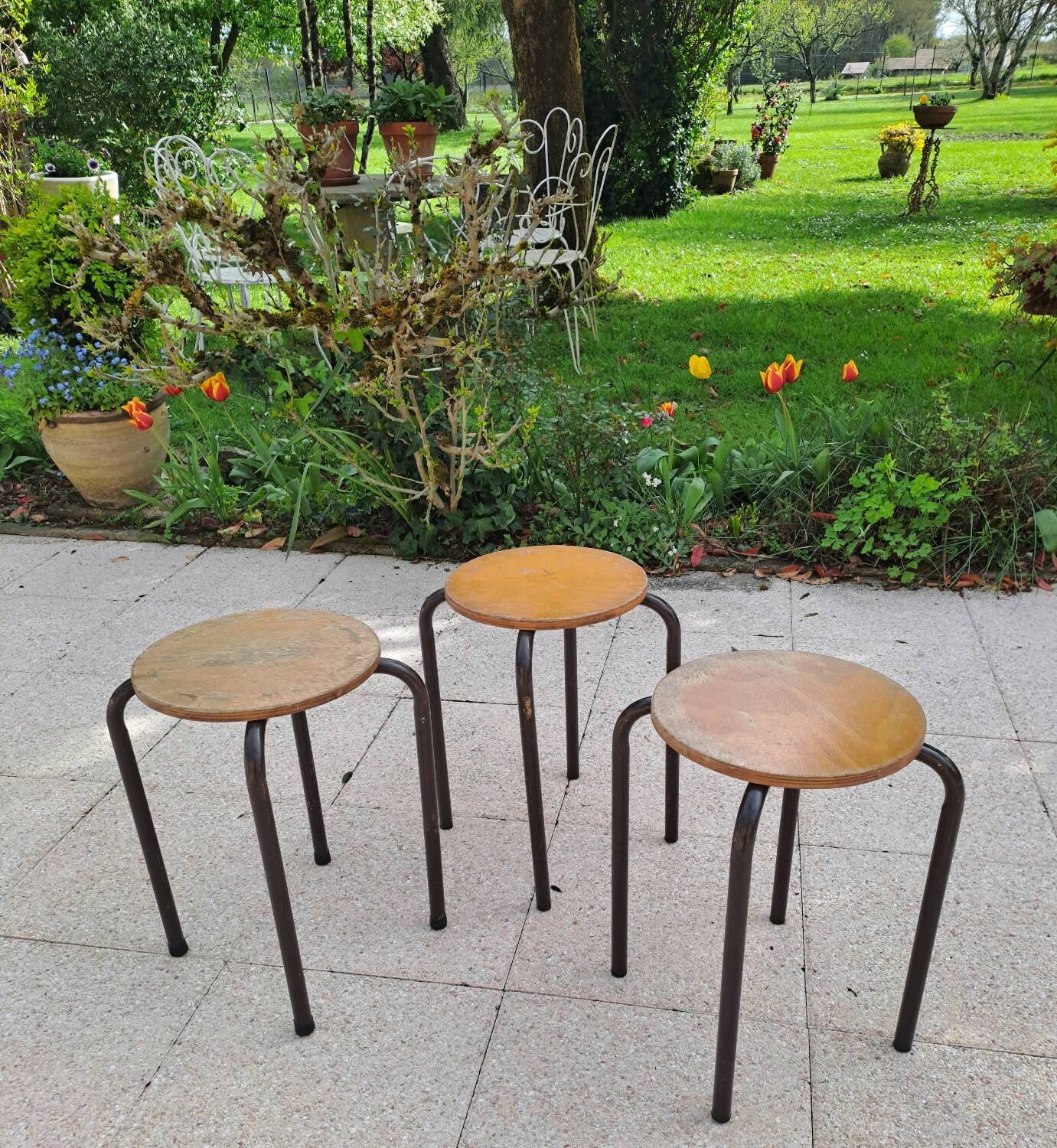3 wooden and tube school stools