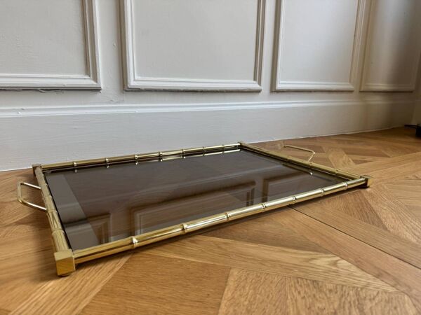 Plateau bambou métal doré, 1970s