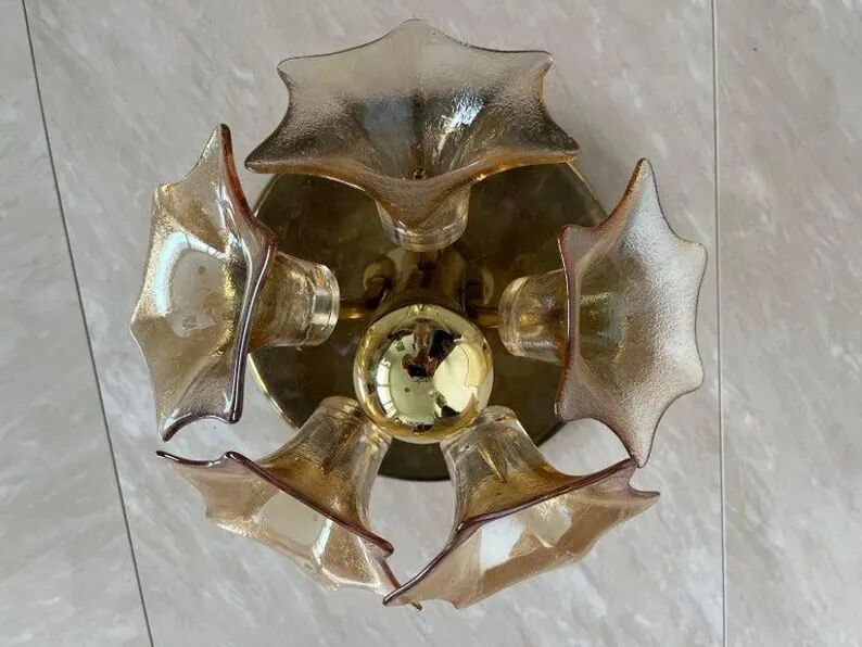 MidCentury Sputnik Flower Ceiling Flush Mount, Amber Murano Glass, Sische, 1960s