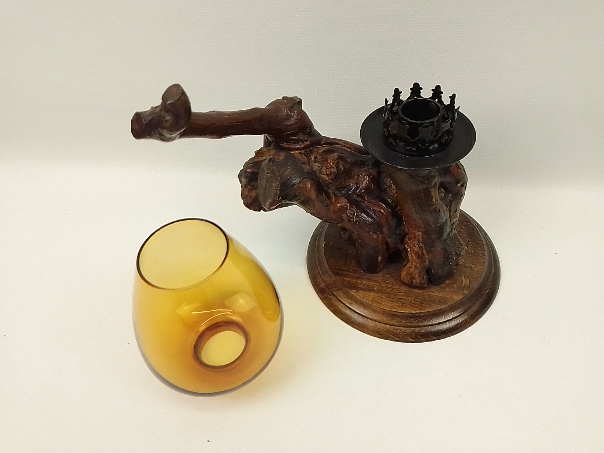 Candlestick vine branch and tinted glass 25 cm