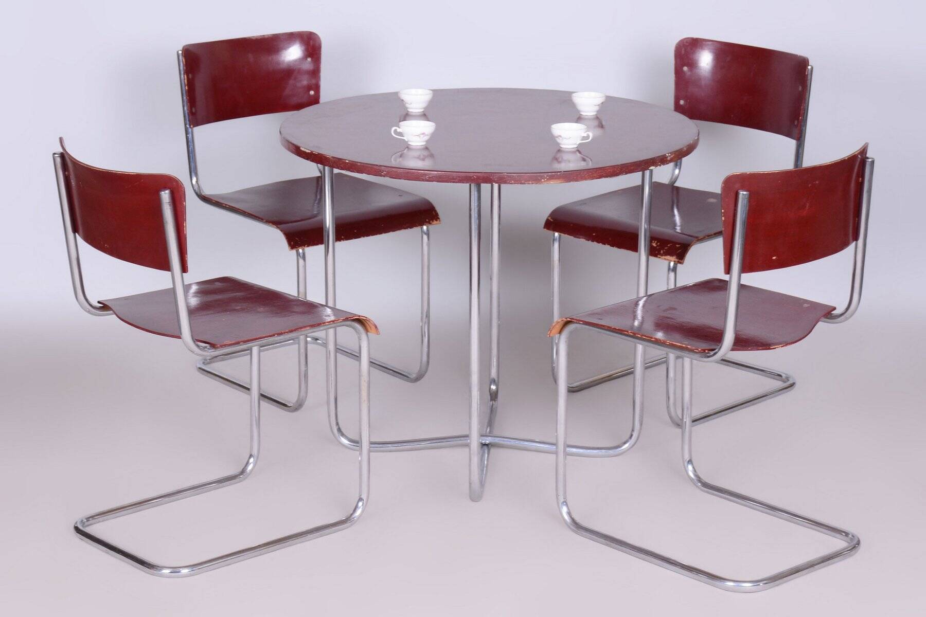 Czech Bauhaus Chrome Dining Table and Chairs attributed to Hynek Gottwald, 1930s, Set of 5