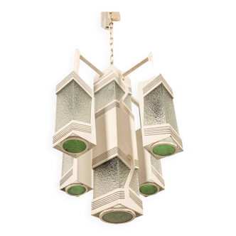 VINTAGE 70'S CHANDELIER IN WHITE METAL AND GLASS ITALIAN DESIGN