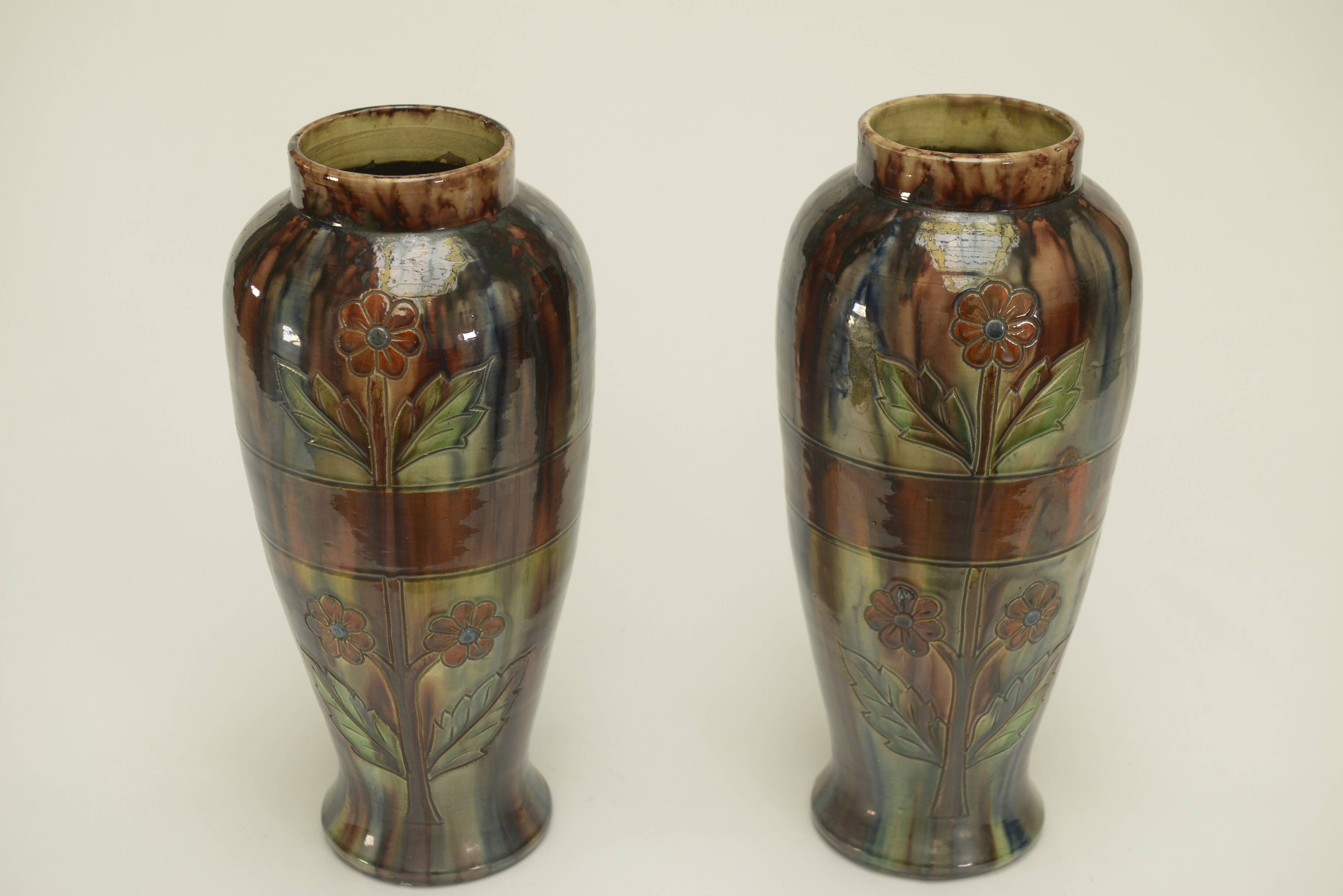 Pair of barbotine vases from the early 20th century stamped BELGIUM 158