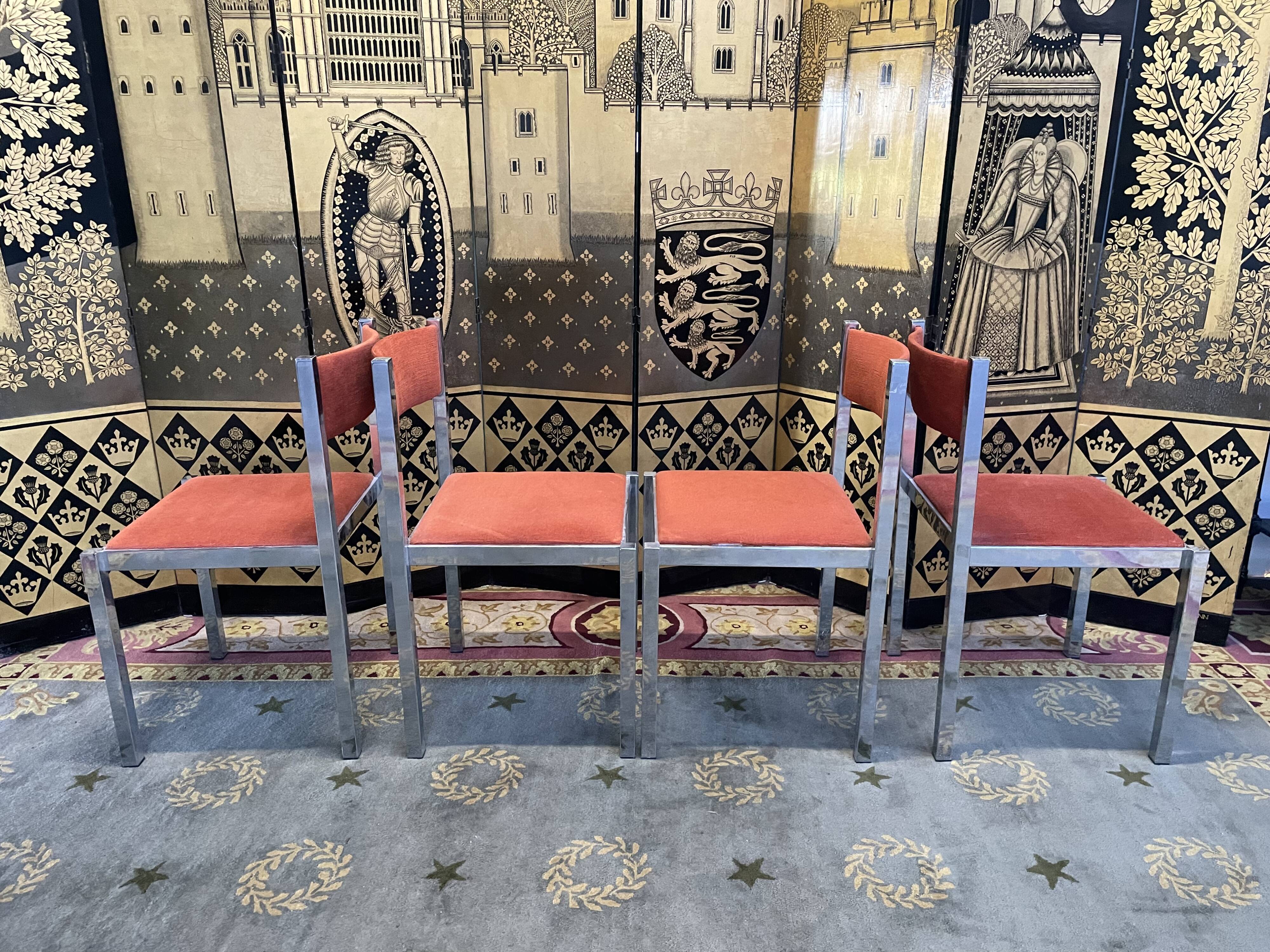 Suite of 4 velvet and chrome chairs 1970