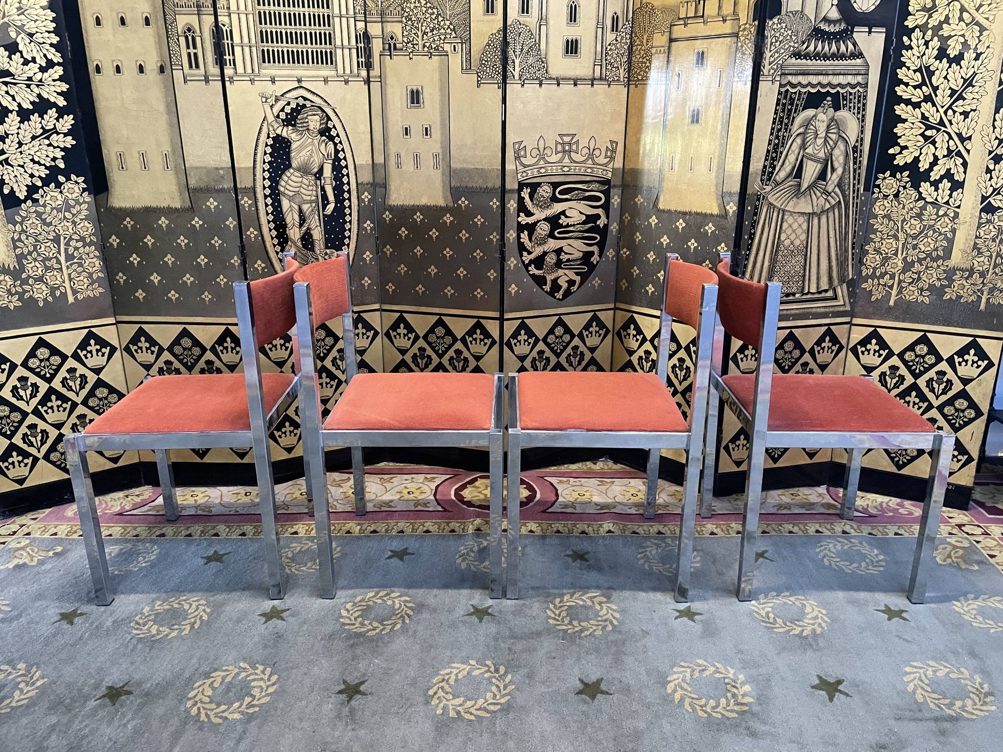 Suite of 4 velvet and chrome chairs 1970