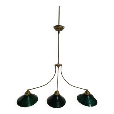 Lampe de billard opaline verte et blanche avec abat-jours en laiton 110-150 cm 3 abat-jours