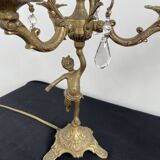 Paire de girandoles, candélabres, bronze, putti, cristal, 4 feux, pampilles, fin XIXème