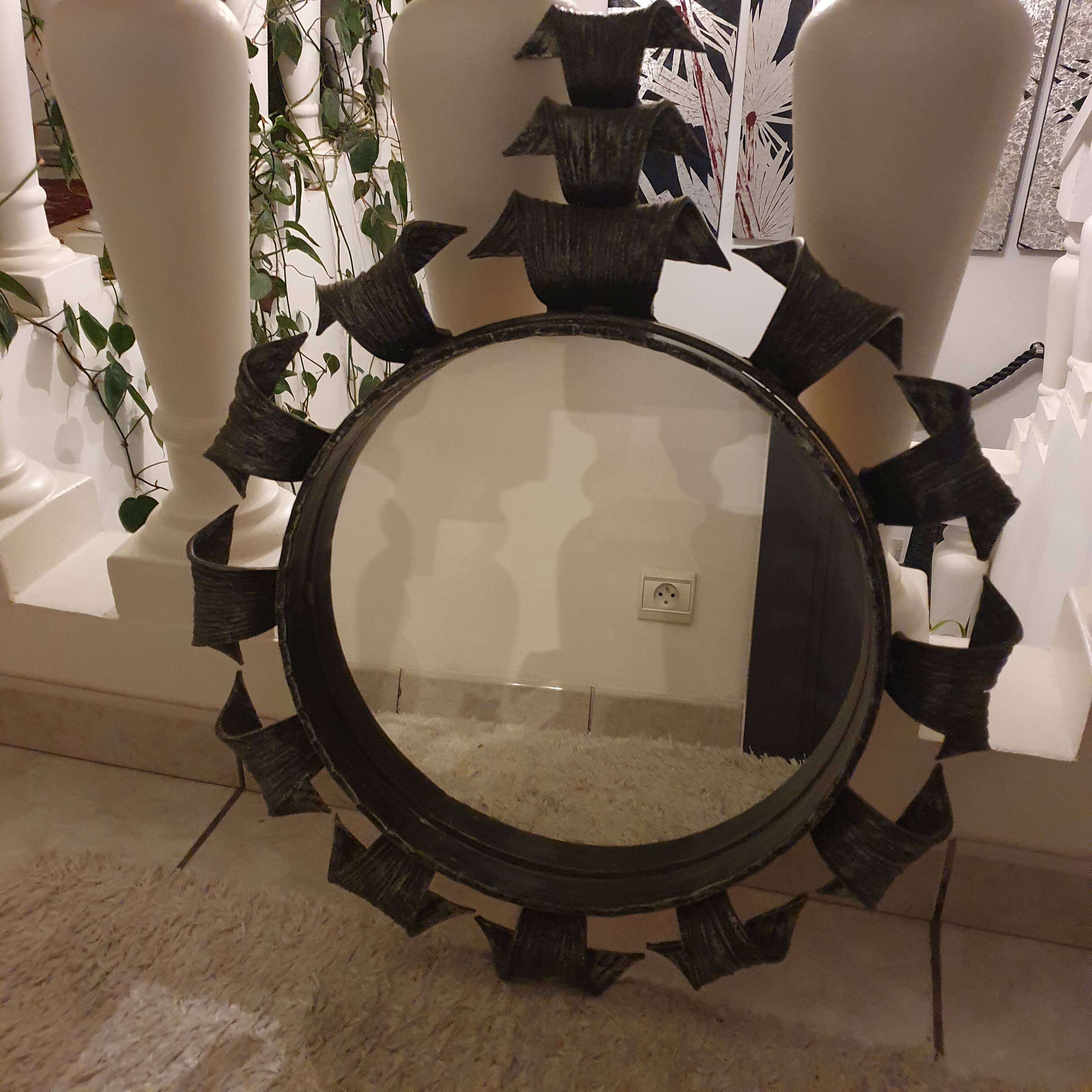 Brutalist wrought iron mirror, Spain, 1950