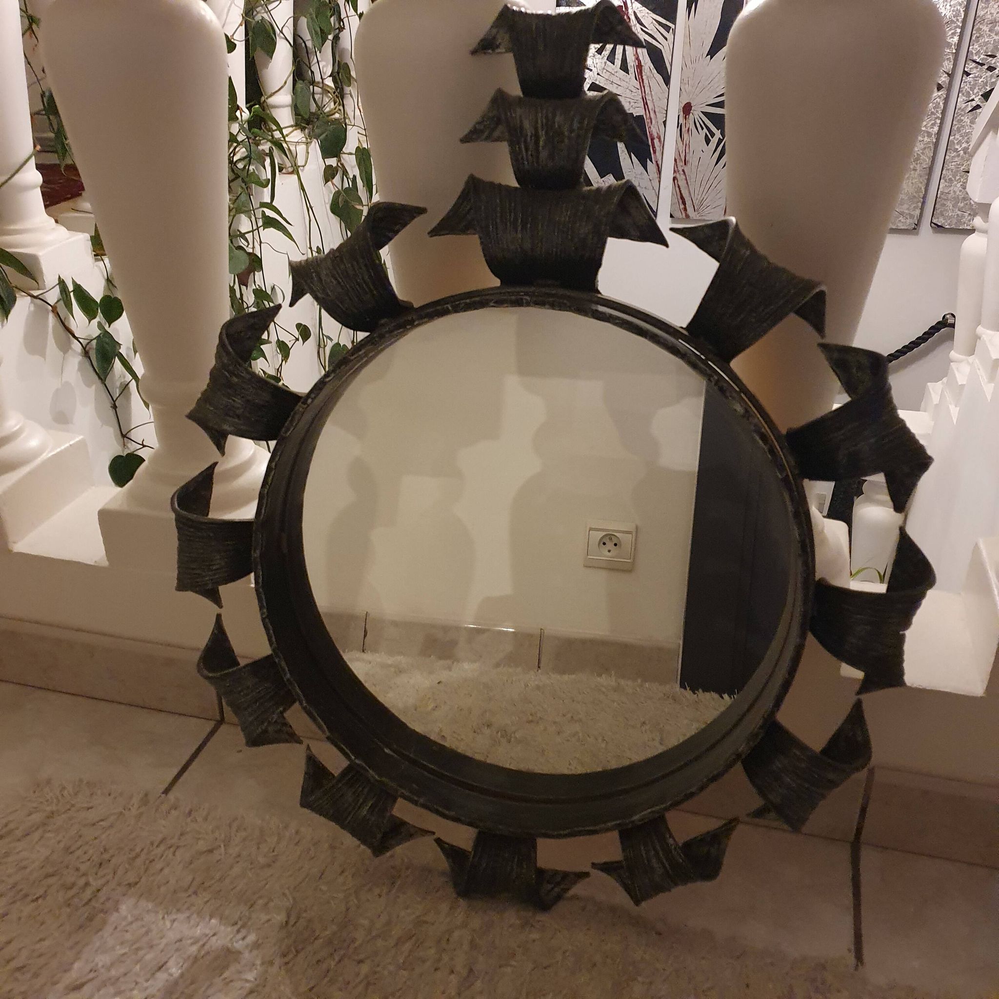 Miroir brutaliste en fer forgé Espagne 1950