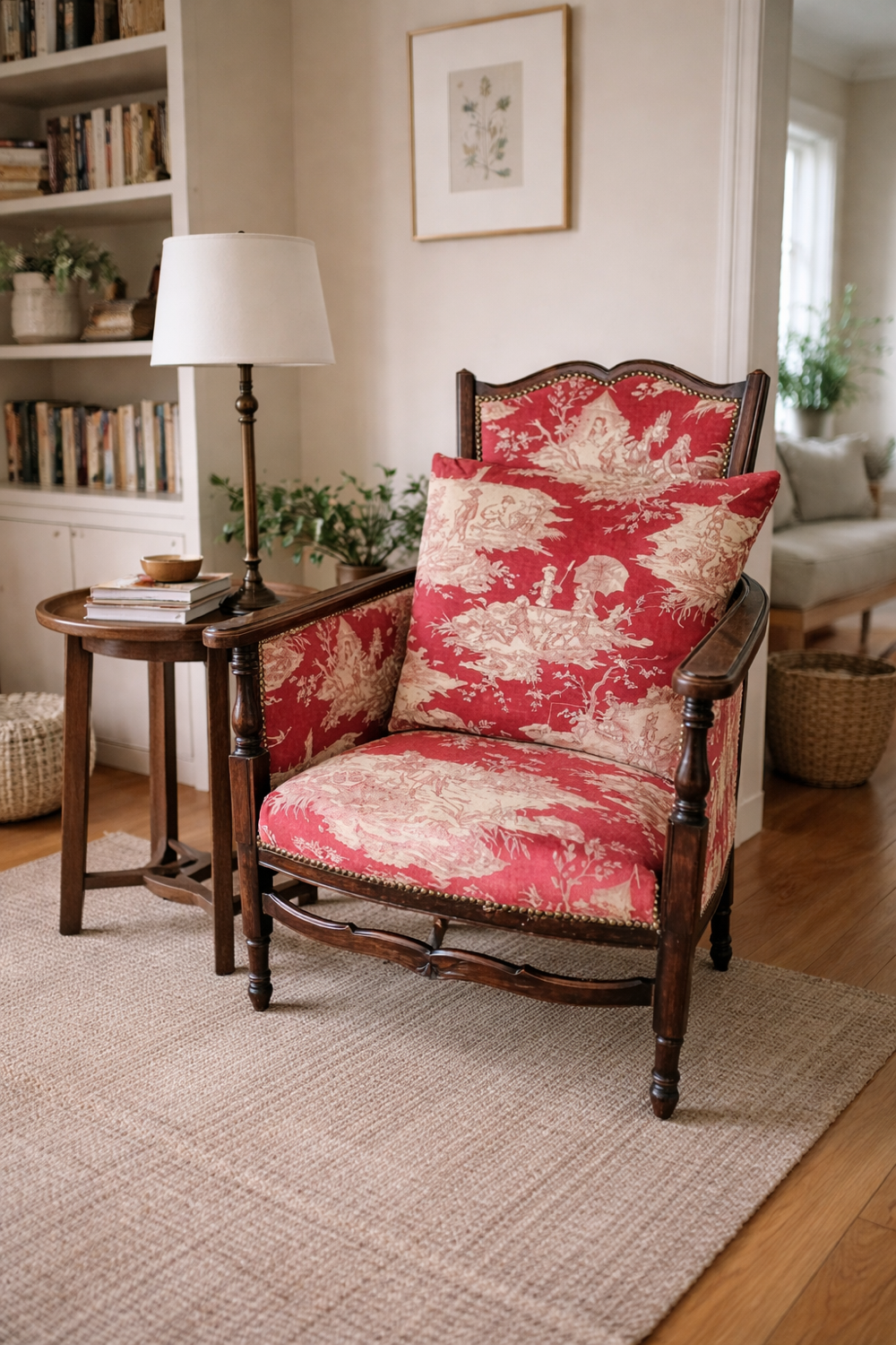 Antique armchair from around 1900, solid wood – red toile de Jouy.