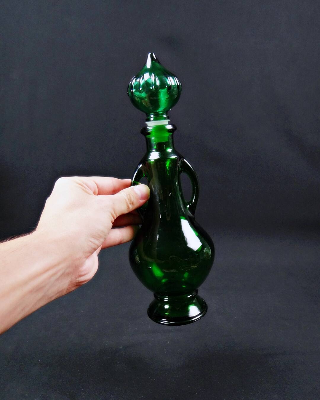 Vintage 70s green Empoli glass genie carafe bottle