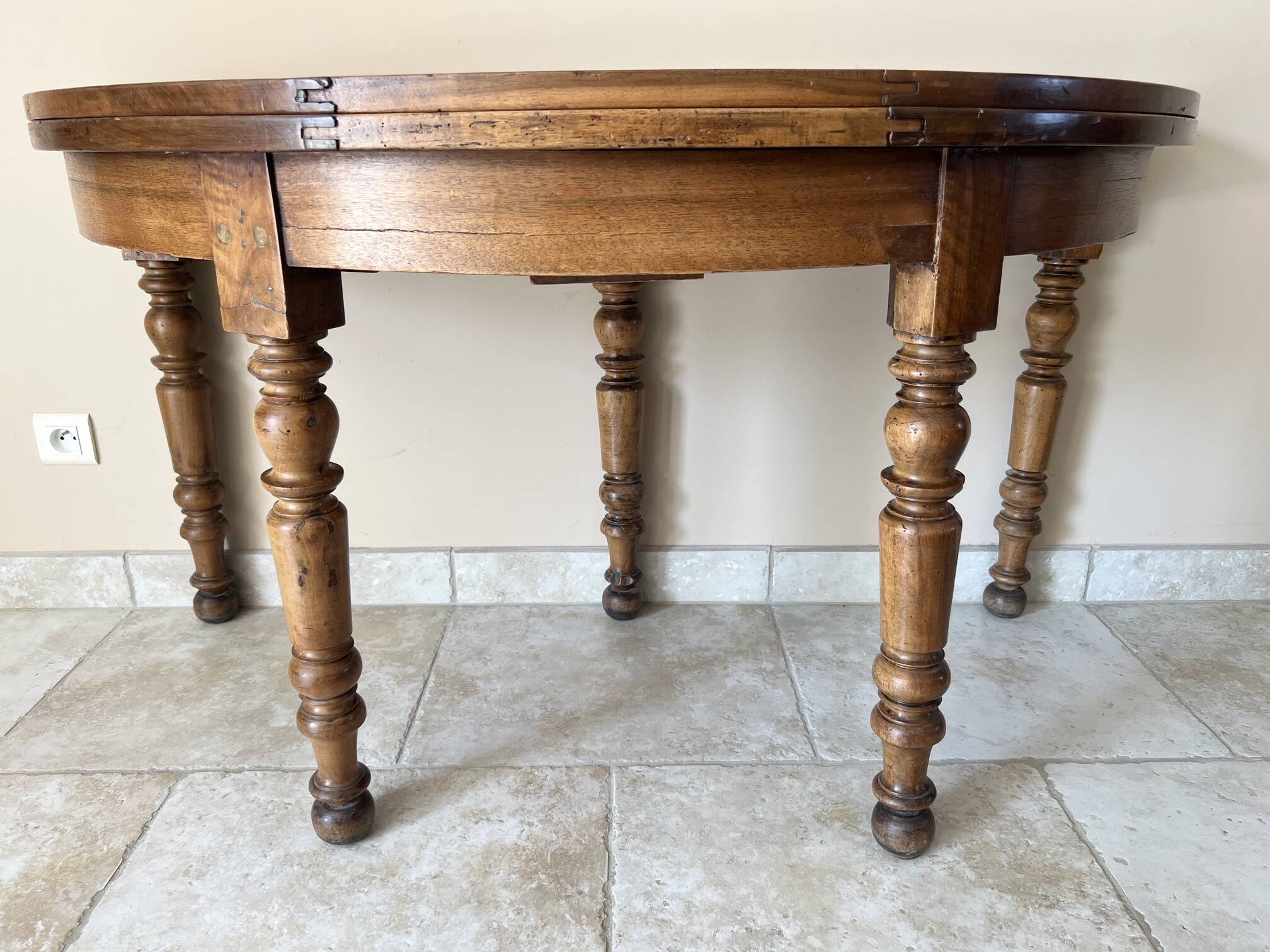 Louis-Philippe XIXth century demi-lune console table in solid walnut – seats 6 people.